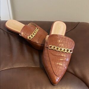 Amazon Brown Croc-Pattern Mules with Gold Accent